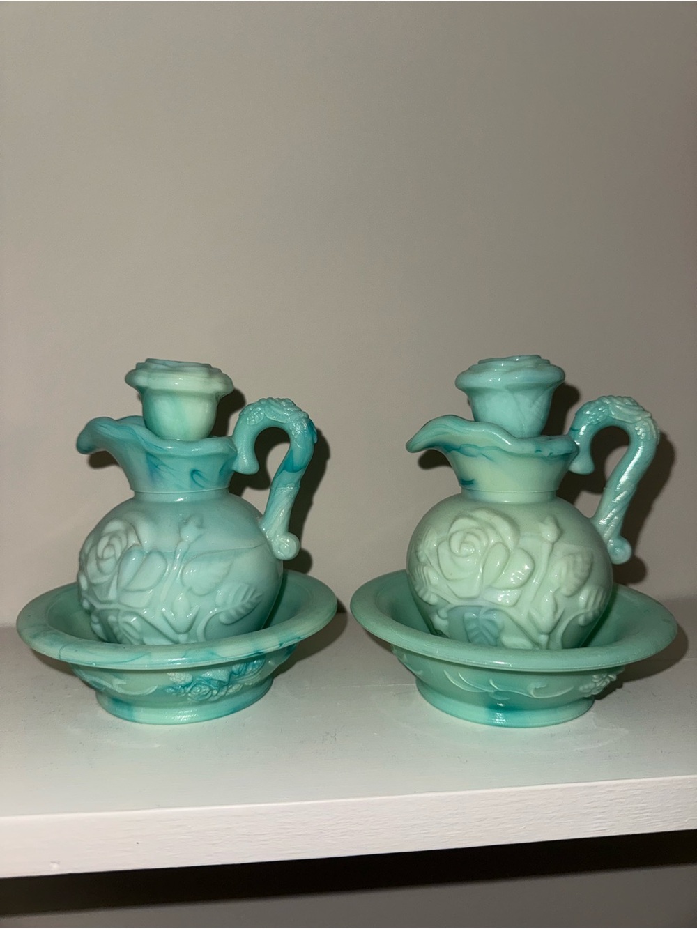 Vintage 1970s Avon Aqua Green Glass Skin So Soft Pitcher & Bowl Set Pair